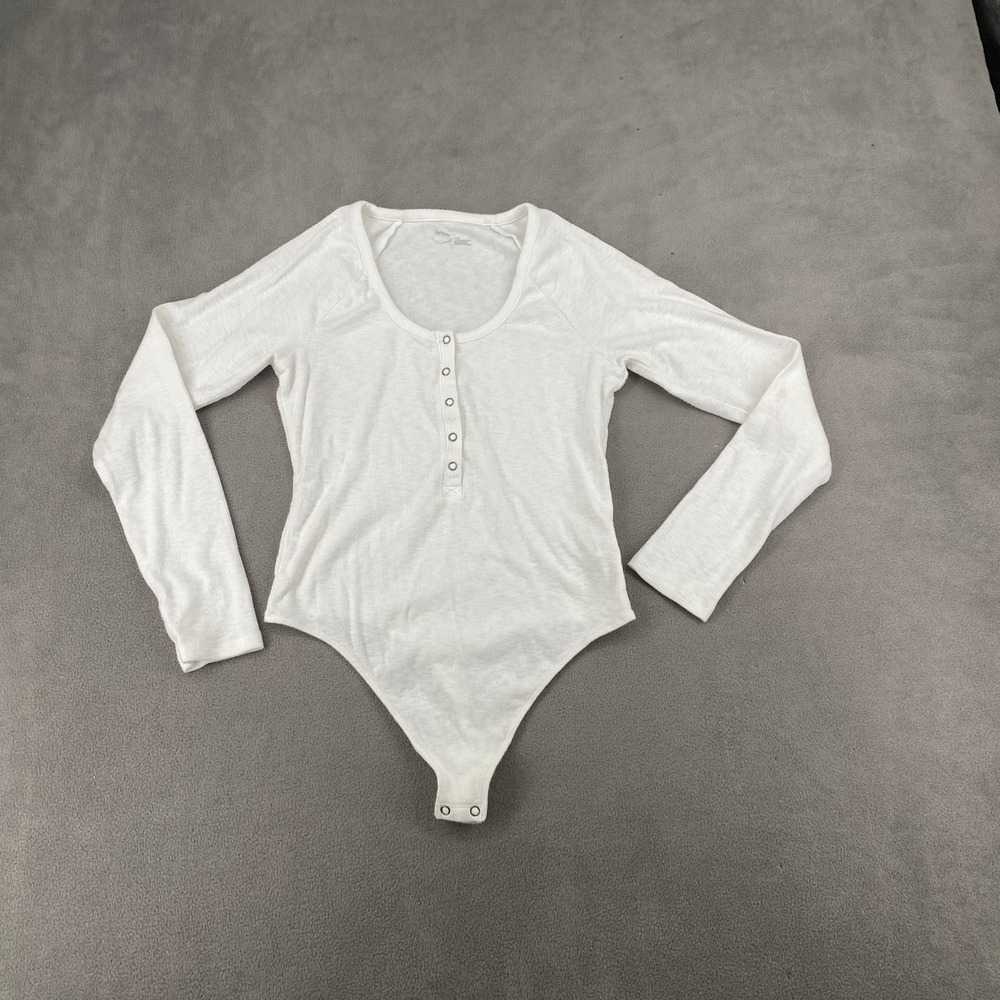 Aerie White‎ Ribbed Long Sleeve Henley Bodysuit Size Large 5389